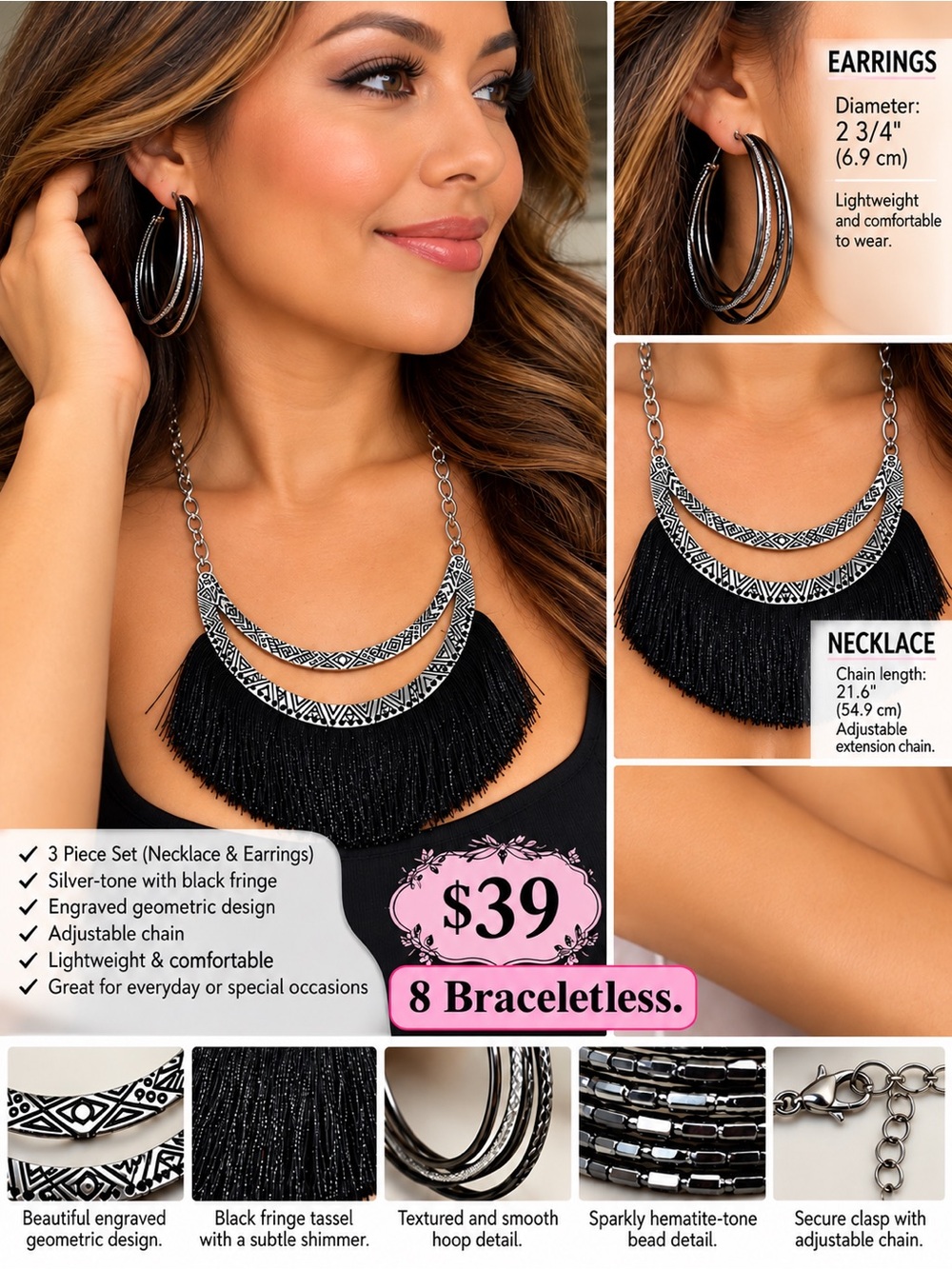 Silver-Tone & Black Fringe 3-Piece Jewelry Set
